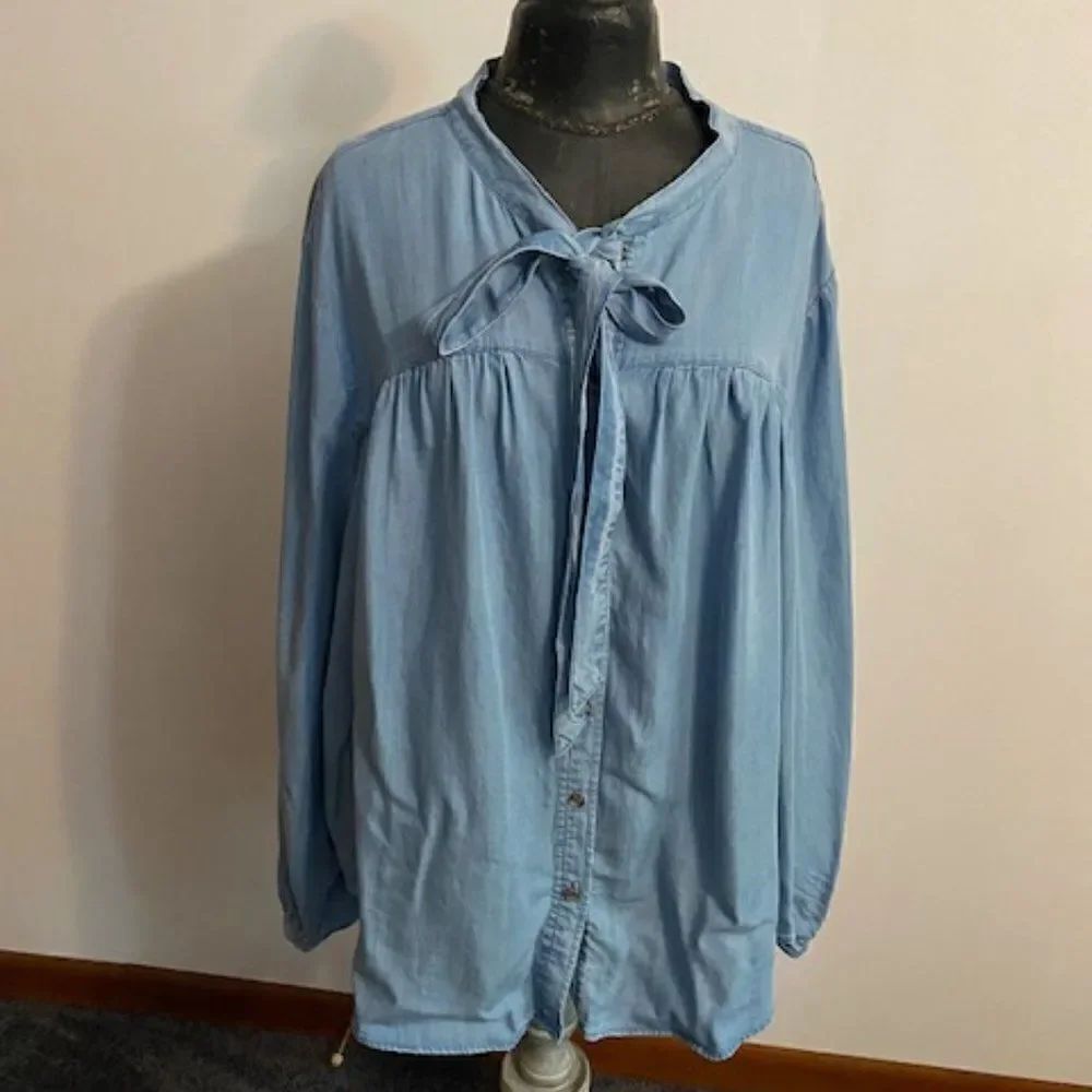 Terra & Sky Blue Button-down with necktie tunic, size 4X